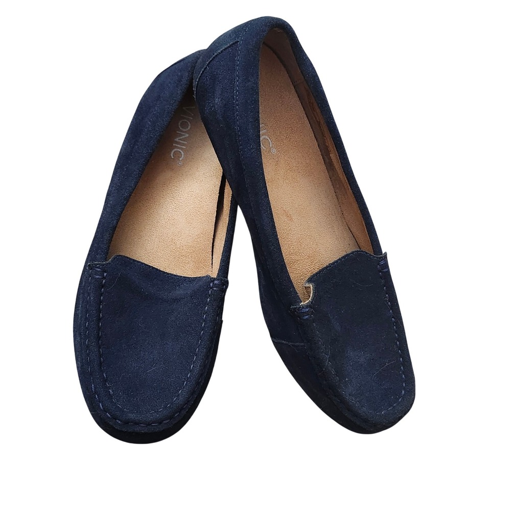 Vionic Debbie Navy Blue Suede Loafers Womens 10 Wide Slip On Orthotic Flats